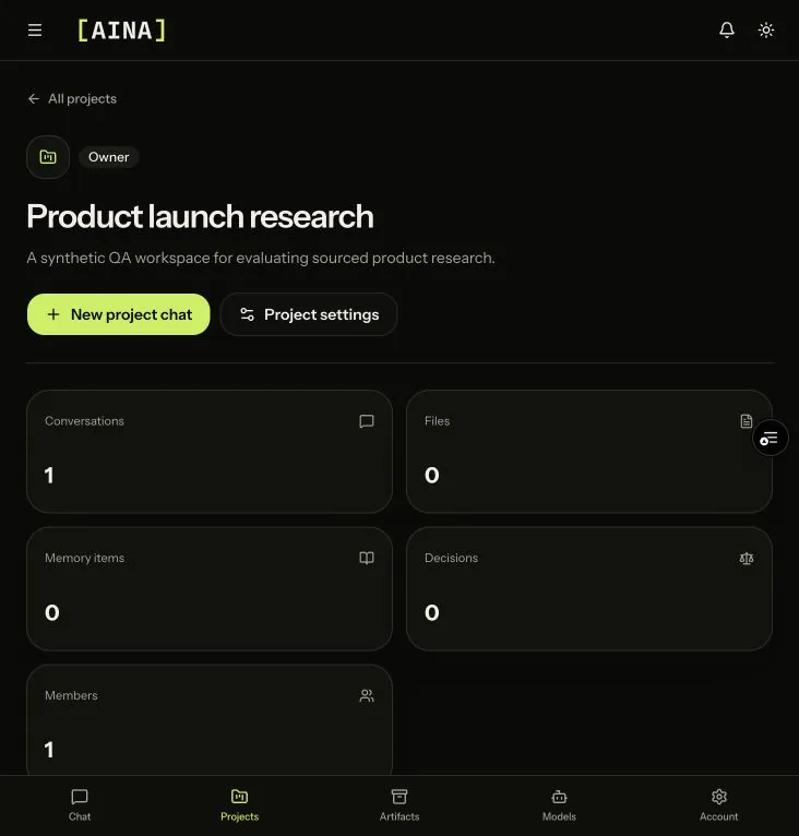 AINA project workspace for a synthetic product-launch research project, showing project actions and current workspace counts