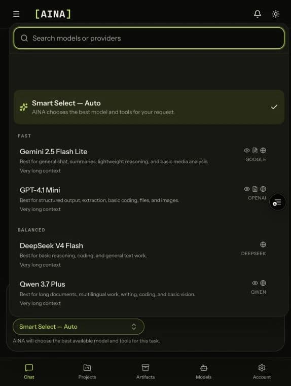 AINA model picker in a synthetic workspace, showing Smart Select and current eligible model categories